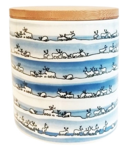 Porotokka Keramikdose mit Holzdeckel und Rentiermotiven